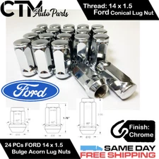24PC FORD CHROME CONICAL SEAT 14X1.5 WHEEL LUG NUTS BULGE ACORN FOR FORD MODELS