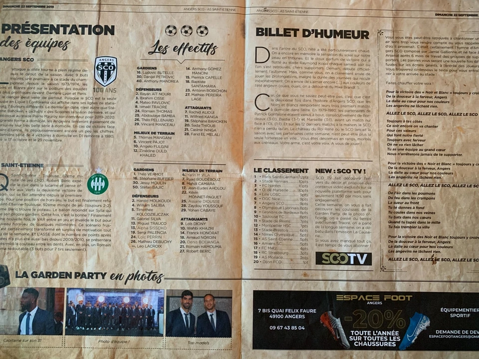 PROGRAMME ANGERS SCO - ST ETIENNE 22 SEPTEMBRE 2019 - Photo 2/2
