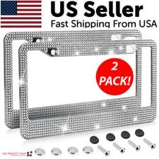 2PCS Bling License Plate Frame Glitter Crystal Sparkling Rhinestone Diamond Caps