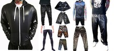 BLACK WET LOOK SHINY TRACKSUIT TOP BOTTOMS SHORTS JOGGERS MEGGINGS RATS S - 6XL