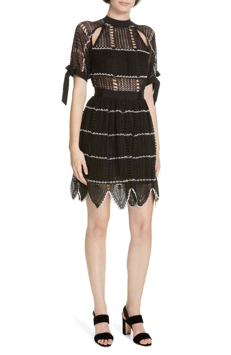 self portrait v neck crochet mini dress self-portrait V Neck Crochet Mini Dress in Black