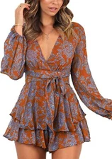 Relipop Women's Romper Floral Print V Neck Baggy Large, Orange Purple 