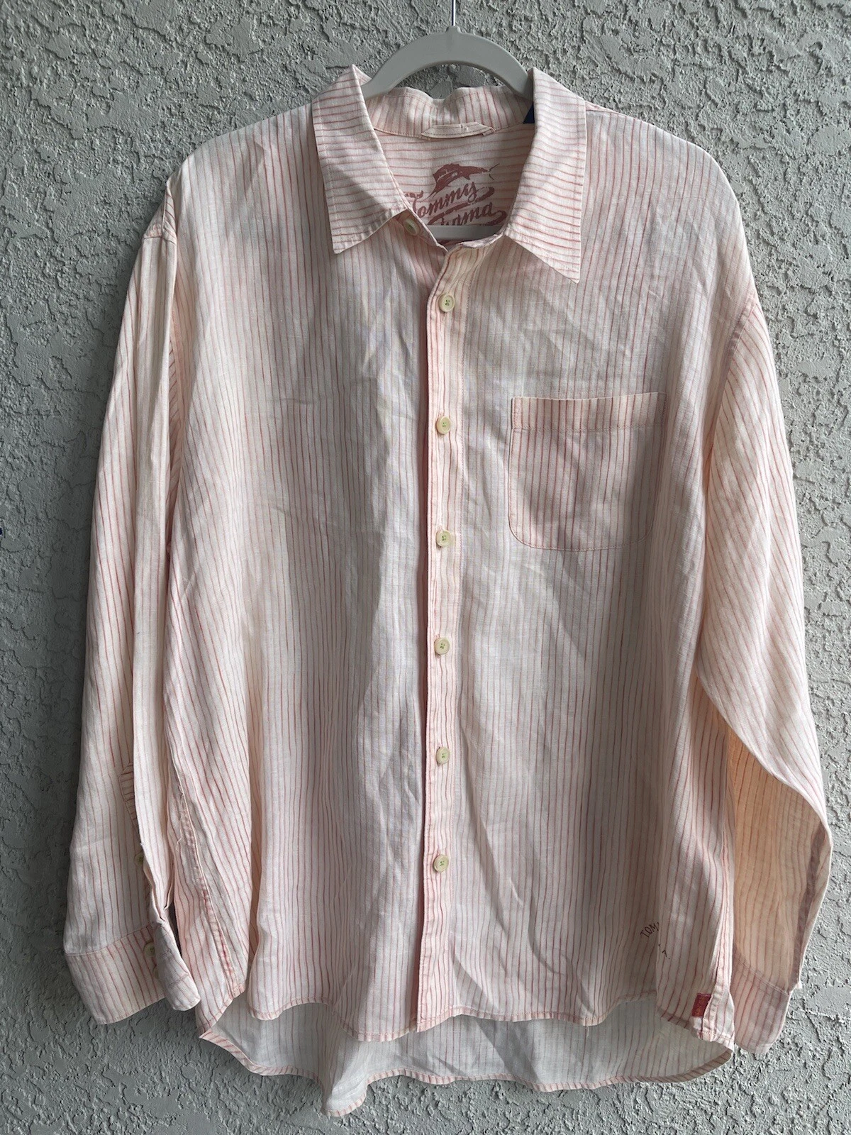 Tommy Bahama Button Up Relax Mens XL Shirt Peach Striped Linen Long Sleeve #967