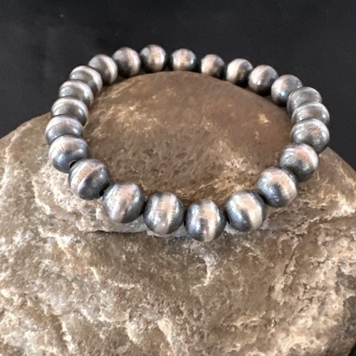 "Brazalete elástico con cuentas de plata de ley de 8"" de 8 mm nativos americanos 90803" - Imagen 1 de 12