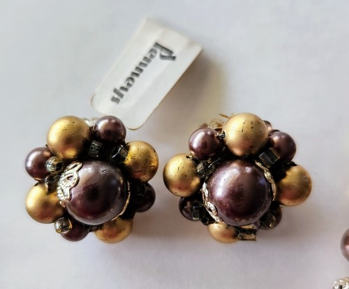 Collar y pendientes de clip de cuentas con racimo marrón Japón de colección 3 hebras colores de otoño - Imagen 2 de 10