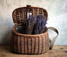 Antique French Fishing Basket Rustic Wicker Creel Shoulder Bag with Long Strap
