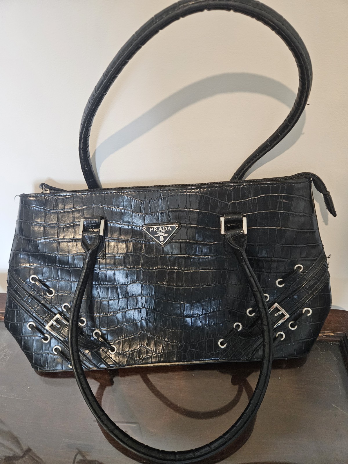 PRADA Black Crocodile Pattern Shoulder Bag Zip Top Silver Hardware Inner Pockets alternate view 2