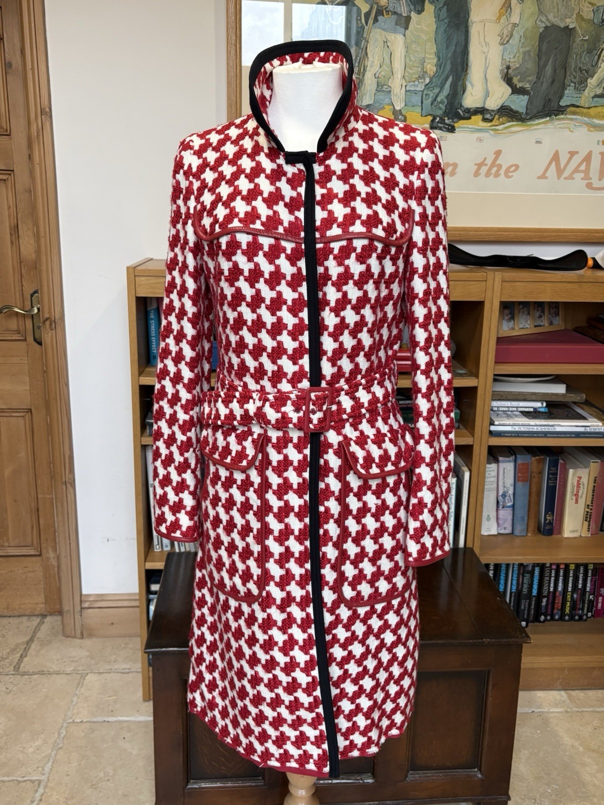 Prada Red & White Houndstooth Vintage Coat With Black Details Size 40 UK 8 image 10