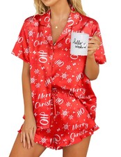 Silk Pajamas Womens Short Sleeve Sleepwear 2 Piece Satin Pjs Shorts Set Butto...