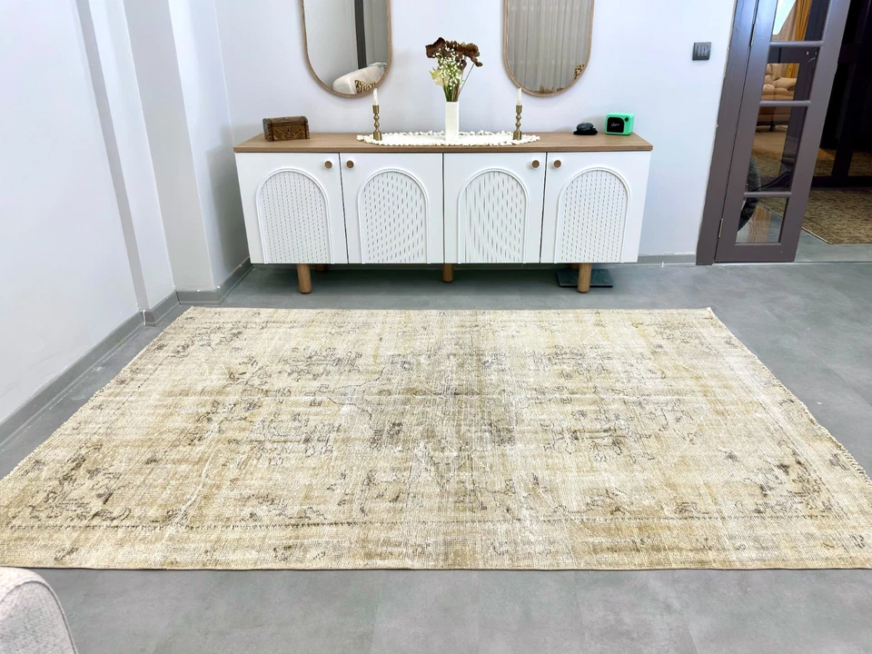 Alfombra antigua beige 6x9, alfombra turca Oushak, tejida a mano, alfombra de lana hecha a mano Foto 2 de 4