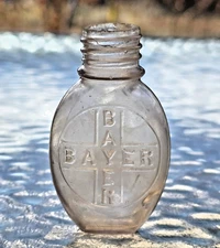 Antique Bayer Aspirin Heroin Bottle Early 1900s Hand Blown Glass Cross Logo Oval