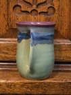 Hand Warmer Mug Neher 2015 Pottery Signed Left-Handed Purple Green Drip Glaze — photo 2