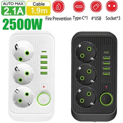 Steckdosenleiste 3-Fach mit 4USB Mehrfachsteckdose mit Flachstecker und Schalter