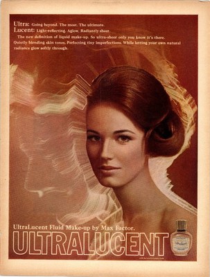 1968 Max Factor UltraLucent Fluid Makeup Print Ad Beauty Cosmetic Art AD051