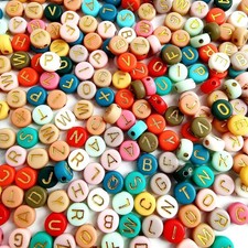 1000 Colourful 4x7mm Round Acrylic Letter Beads with Gold Print for Jewelry