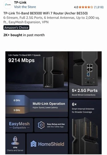 TP-Link Archer BE550 BE9300 Tri-Band WiFi 7 Router 6-Stream 2.5G Ports New image 2