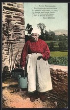 Old postcard Normandy, elderly farmer with grapes 