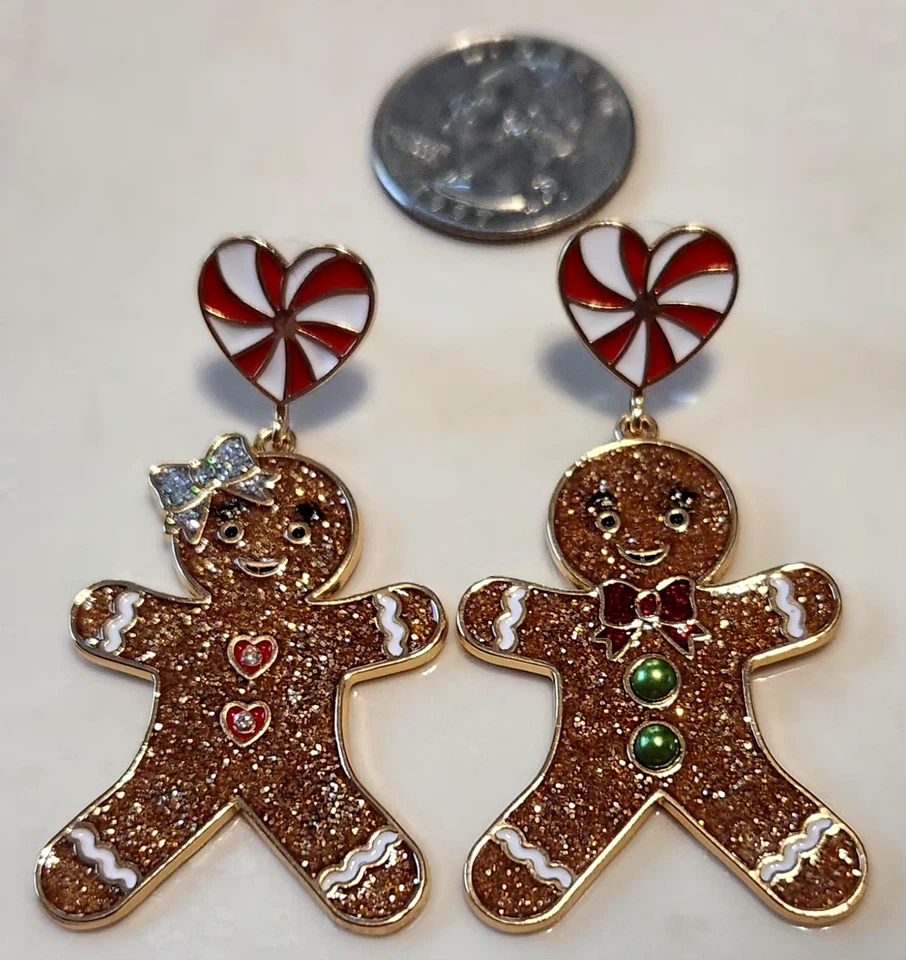 NUEVO Pendientes colgantes bastón caramelo hombre y corazón pan jengibre marrón brillo tono dorado Foto 2 de 3