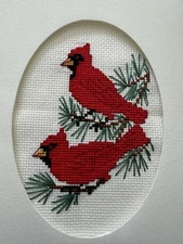 COMPLETED FINISHED CROSS STITCH CARD "WINTER CARDINAL BIRDS”