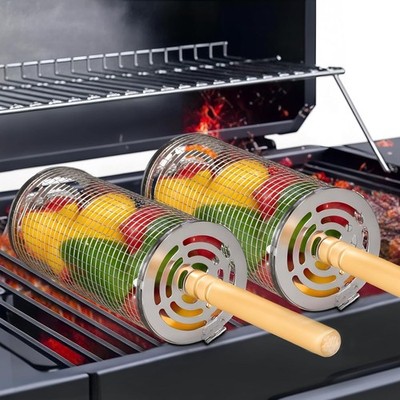 2 Pack Rolling Grilling Basket Stainless Steel For BBQ Grill Outdoor Tools US