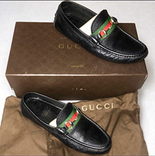 Gucci Men's Black Leather Horsebit Web Stripe Slip-On Loafers US 8.5