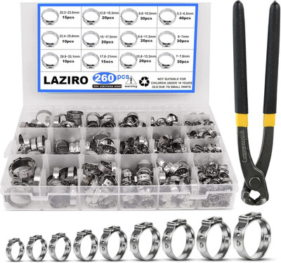 260PCS Stainless Steel Single Ear Hose Clamps 12 Sizes with Pincer Tool Kit
