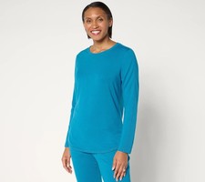 Denim & Co. Top Active French Terry Rib Mix Manga Larga Verde azulado oscuro L Nuevo