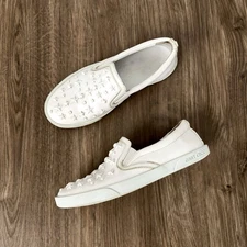 ✨JIMMY CHOO Demi Star Studded Monochrome Leather Slip On Sneakers White Size 36