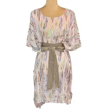 Badgley Mischka Mark & James Silk Caftan Mini Dress Sz.M Petal Pink Lurex Sheer