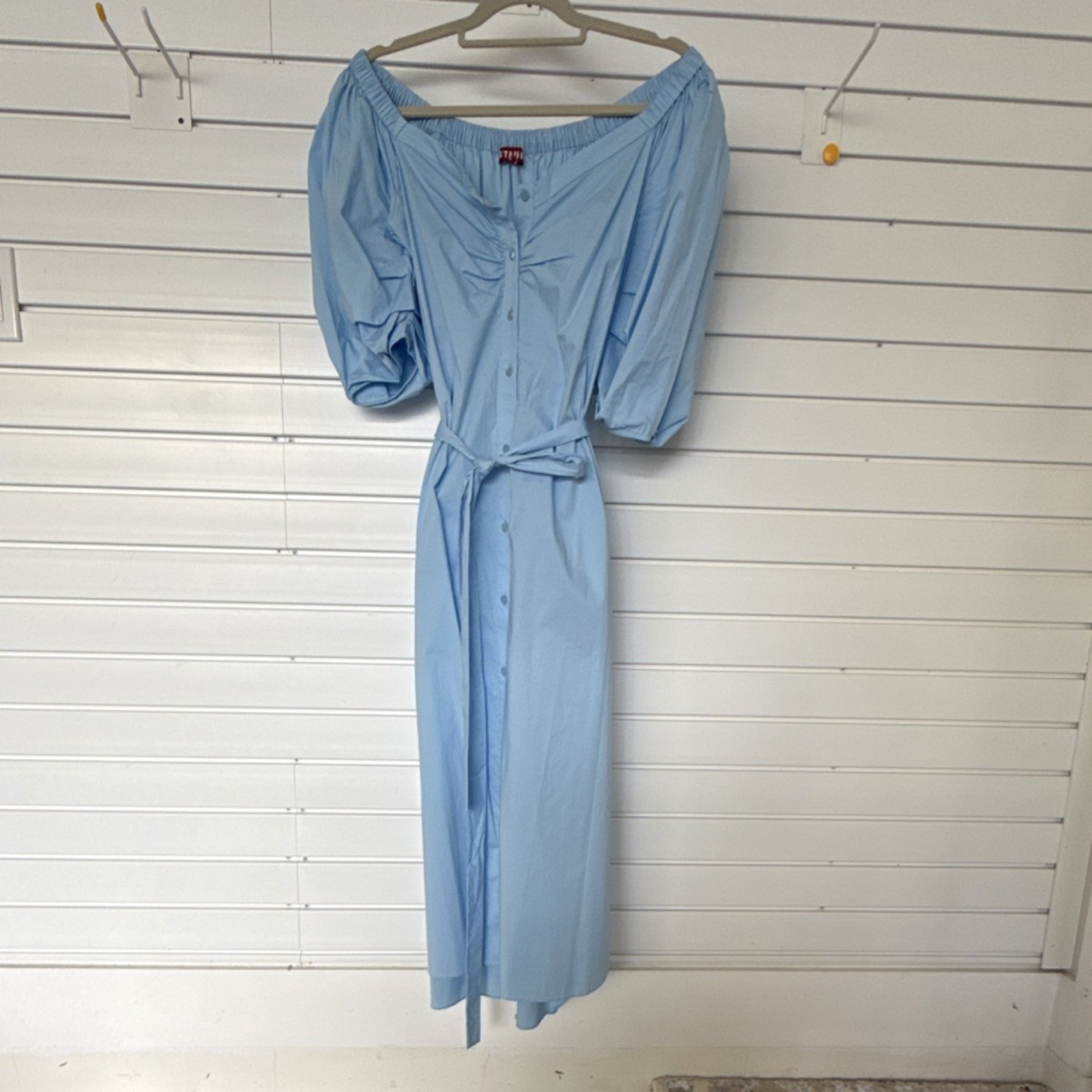 STAUD Blue Off-the-Shoulder Long A-Line Dress Puff Sleeve Belted Button Size M | eBay STAUD Blue Off-the-Shoulder Long A-Line Dress Puff Sleeve Belted Button Size M | eBay
