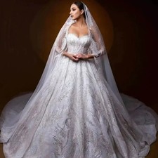 Graceful Wedding Dress Long Sleeves Sequin Appliques Bead Lace Zipper Bride Gown