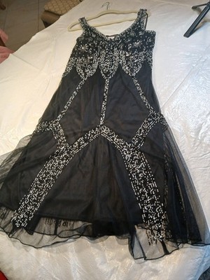 Marina Black White Beaded Mesh Sleeveless V-Neck Gown Dress Floral 16W