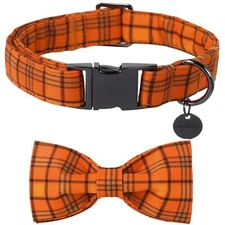 Fall Orange Plaid Dog Collar with Bowtie- Cute Designer Fall Checkered Dog Co...
