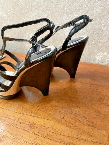Lasonia Women's Size 6M Black & Silver Synthetic Leather Sandals Wedge Heels - Picture 3 of 11