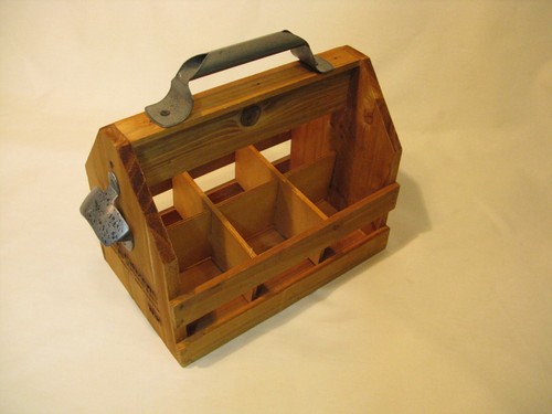 WOODEN SIX PACK BEER CADDY Bottle Opener Metal Handle Wood Holder Carry Case - Picture 2 of 11