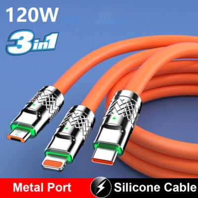 NEW 3in1 Super Fast Charging Data Cable Bold Charge Line Micro USB C 8PIN iPhone