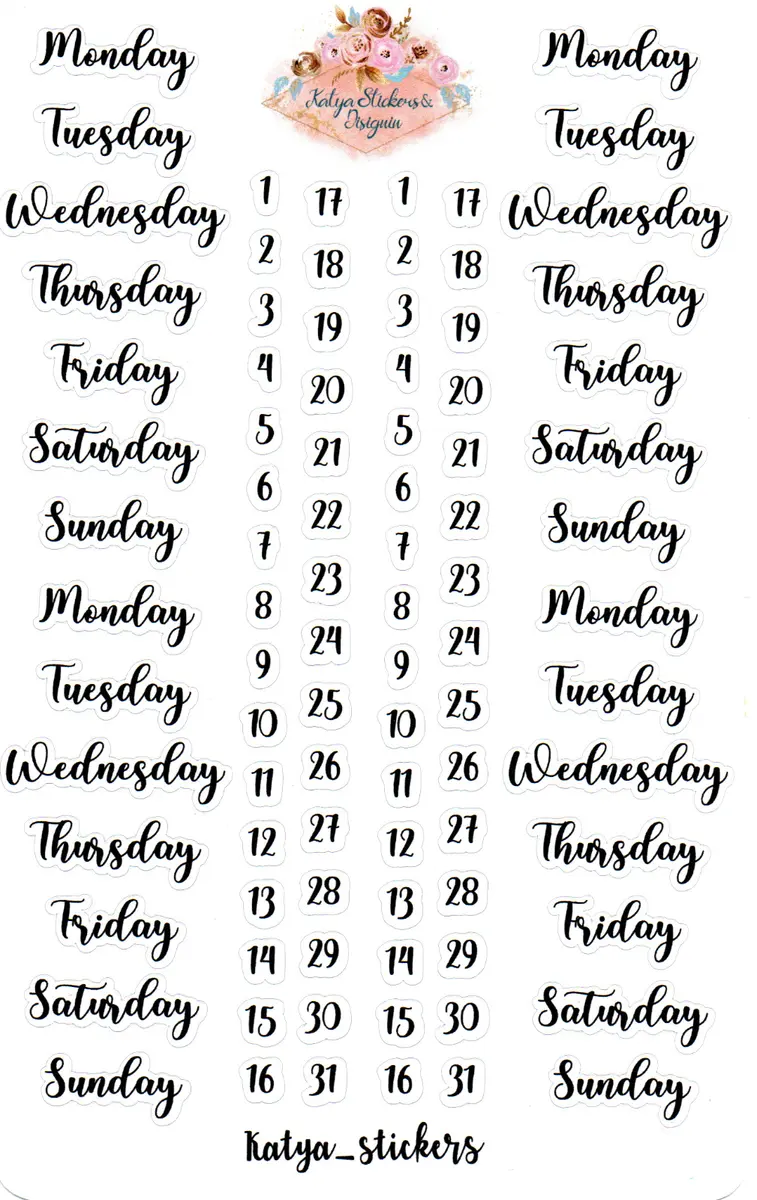 Day of the Week Stickers, Date Numbers Planner Stickers,Bujo,Erin Condren