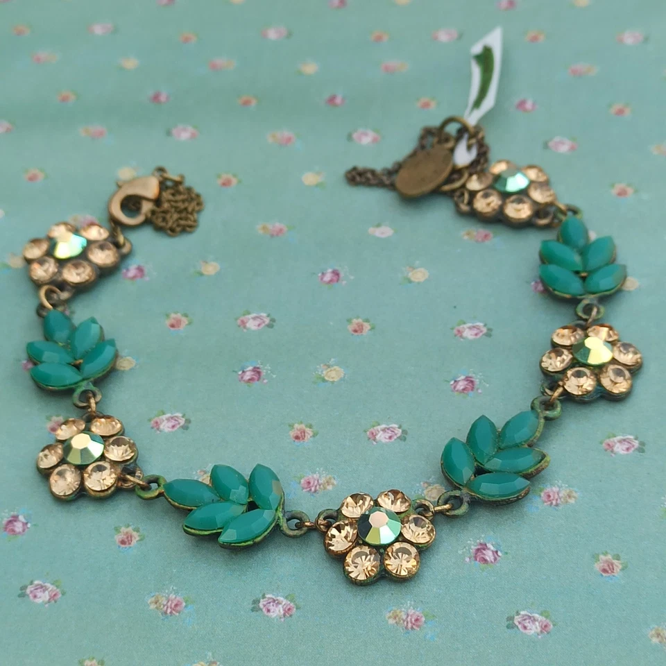 Collar Michal Negrin Beige Flores Hojas Verdes Con Cristales Swarovski Regalo Foto 2 de 4