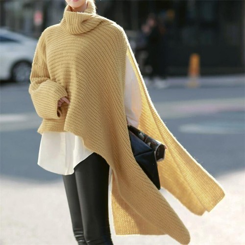 Womens Oversized Long Sleeve Turtleneck Irregular Splits Sweater Tops Pullover - Picture 14 of 18