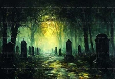 HAUNTED CEMETERY ART PRINT, Gothic Graveyard Wall Decor, Halloween Poster E454