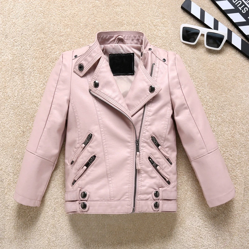 Kids Boys Girls Faux Leather Jacket Biker Outerwear Coats Trench Coat Outerwear - Image 4 of 4