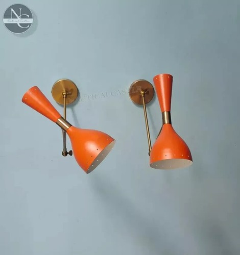 1950's Mid Century Brass Wall Sconce Pair Matte Orange Italian Wall Lamp - Picture 4 of 5
