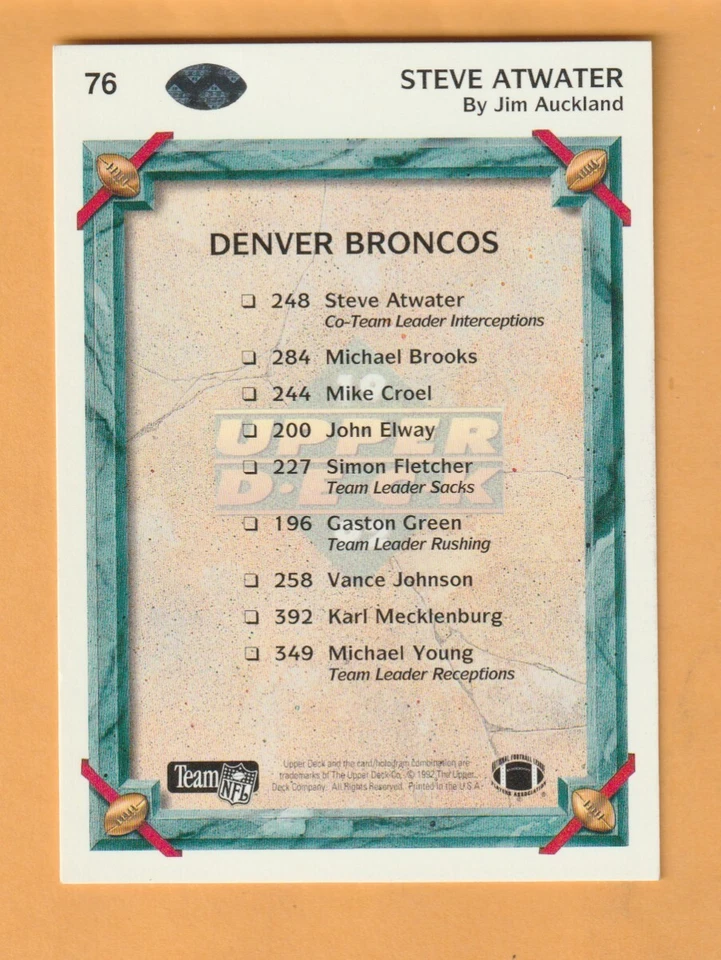 Steve Atwater Denver Broncos AUTO Signed 1992 Upper Deck #76 Arkansas Razorbacks - Image 2 of 2