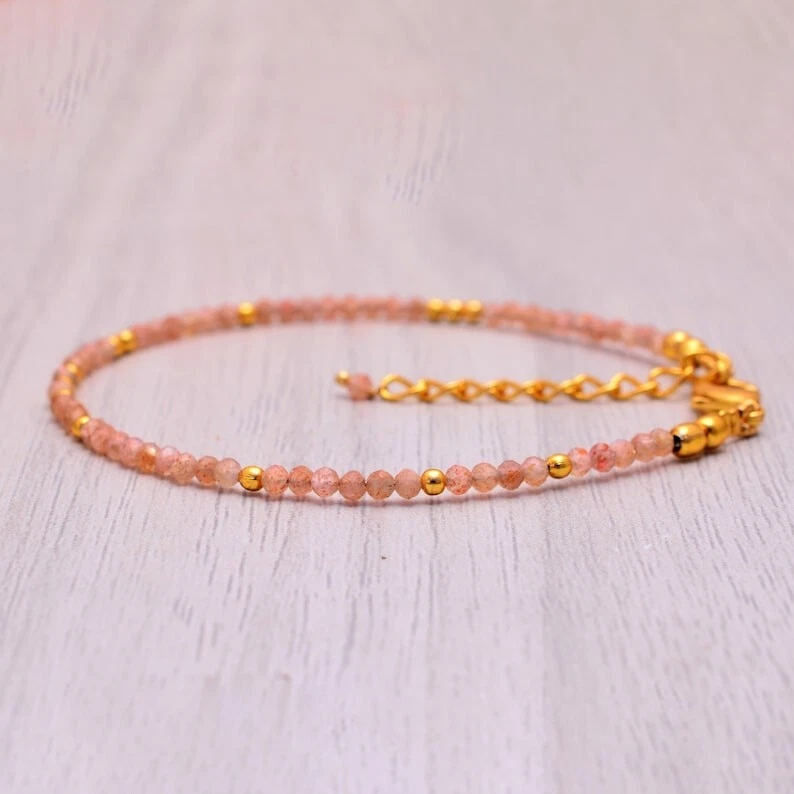 Pulseira A+ Natural Pedra Preciosa Redonda Facetada AAA+ Contas Folheadas a Ouro 6-8" - Imagem 3 de 4