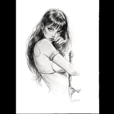 Original Dag Eber Sketch Drawing- "Girl with Sword 2" - Signed Fantasy Girly Art