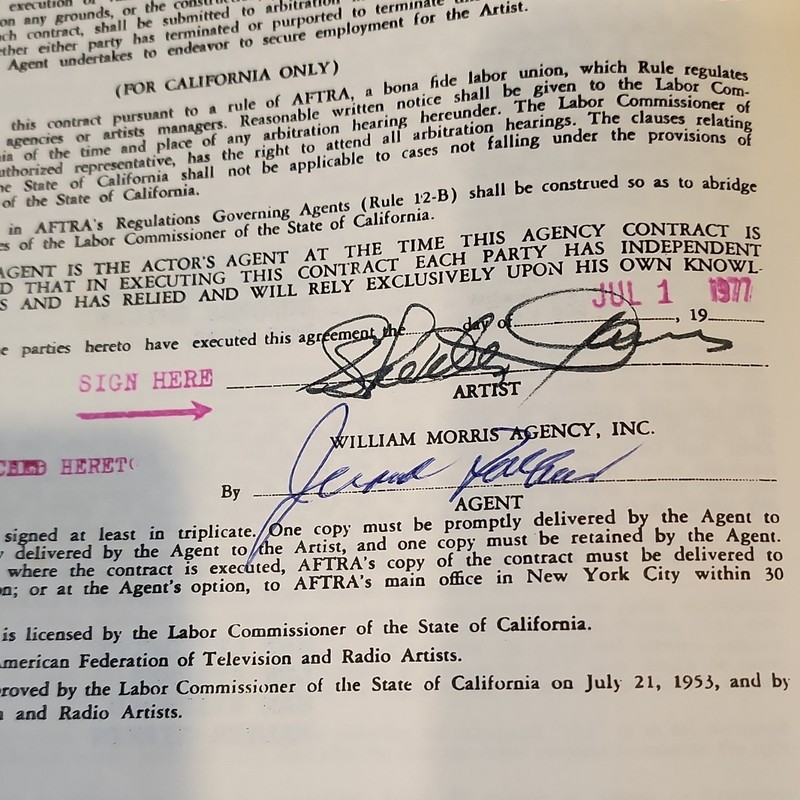 Skeeter Davis Signed William Morris Agency AFTRA Contract 1977 Rule 12-B