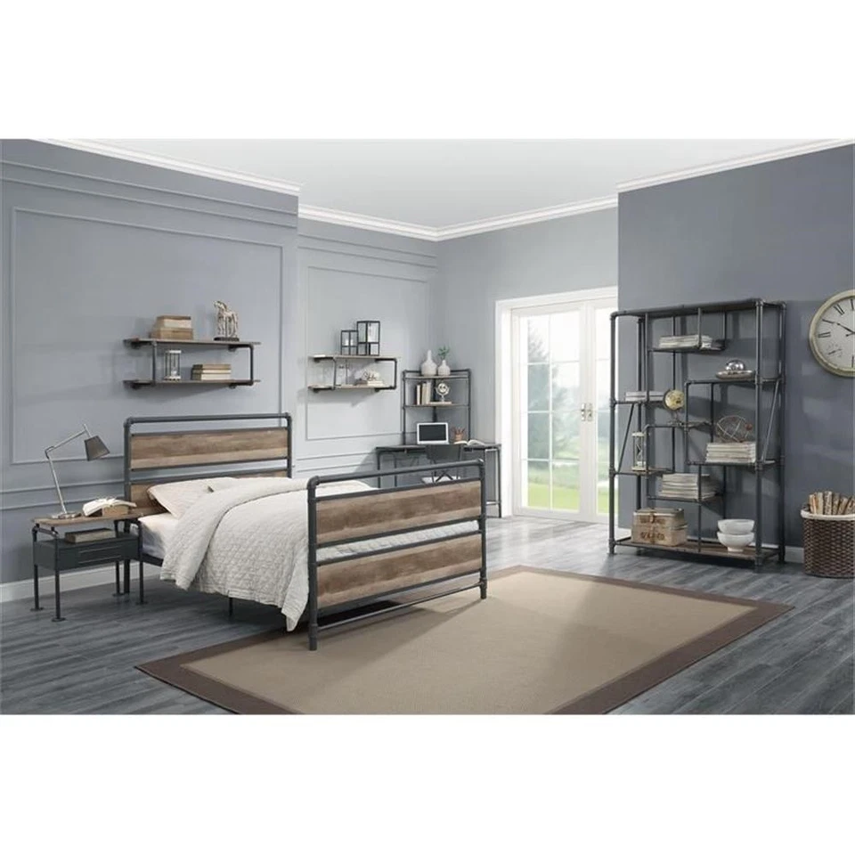 ACME Brantley Metal Full Bed with Wooden Headboard in Antique Oak and Sandy Gray - Image 4 of 4