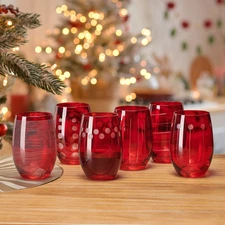 Mikasa Cheers Stemless Ruby Red Wine Glasses Set of 6 Crystalline Drinkware