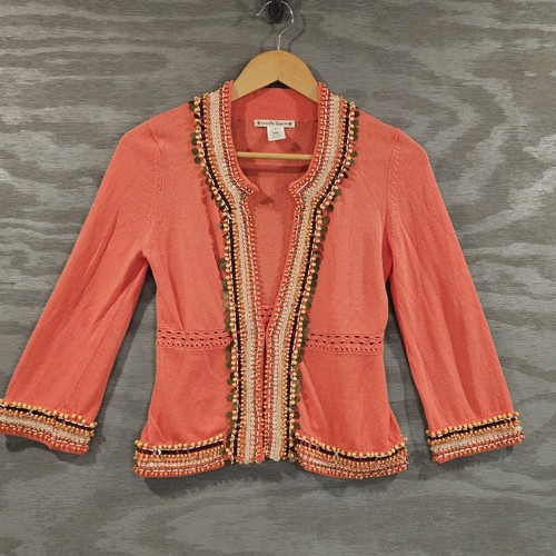 Nanette Lepore SZ S 3/4 Sleeve Beaded Gypsy Orange Single Hook Closure Cardigan