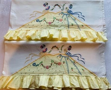 Stunning Embroidered Pillow Cases Southern Belle Ladies Dancing Ruffled Edge